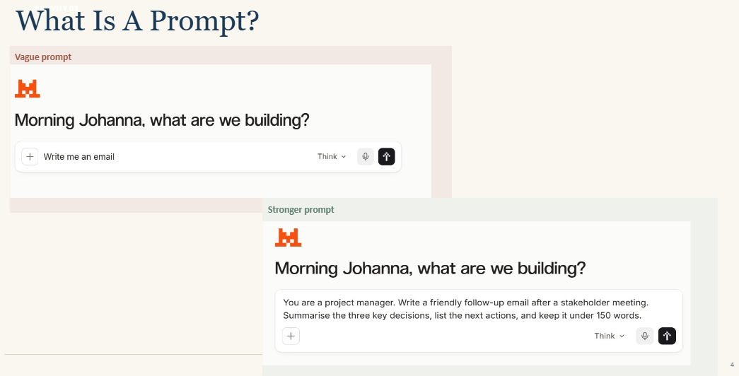 Side-by-side comparison of a vague prompt versus a stronger, more detailed prompt